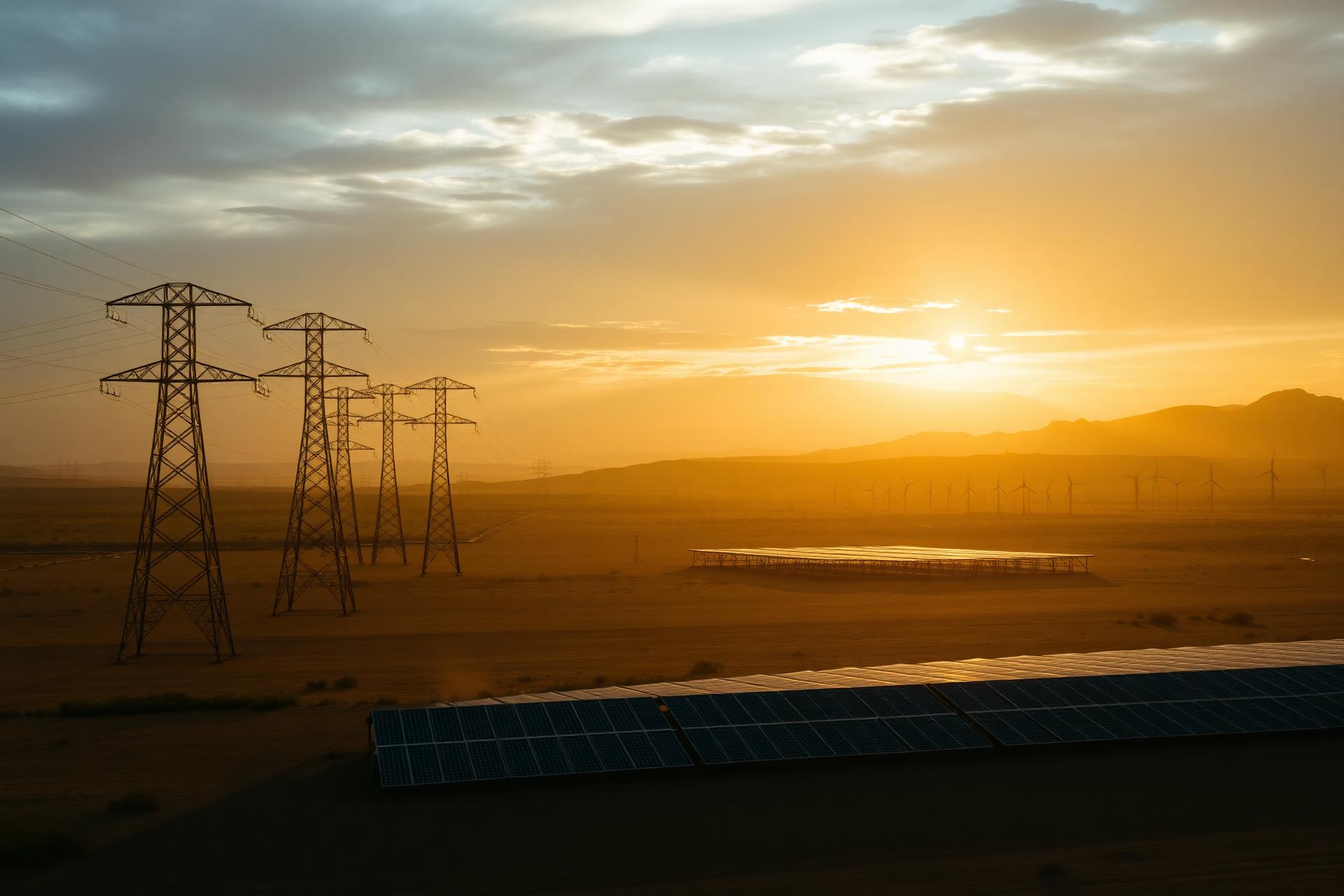 Transmission pylons crossing the Karoo at golden hour with utility-scale solar panels and distant wind turbines