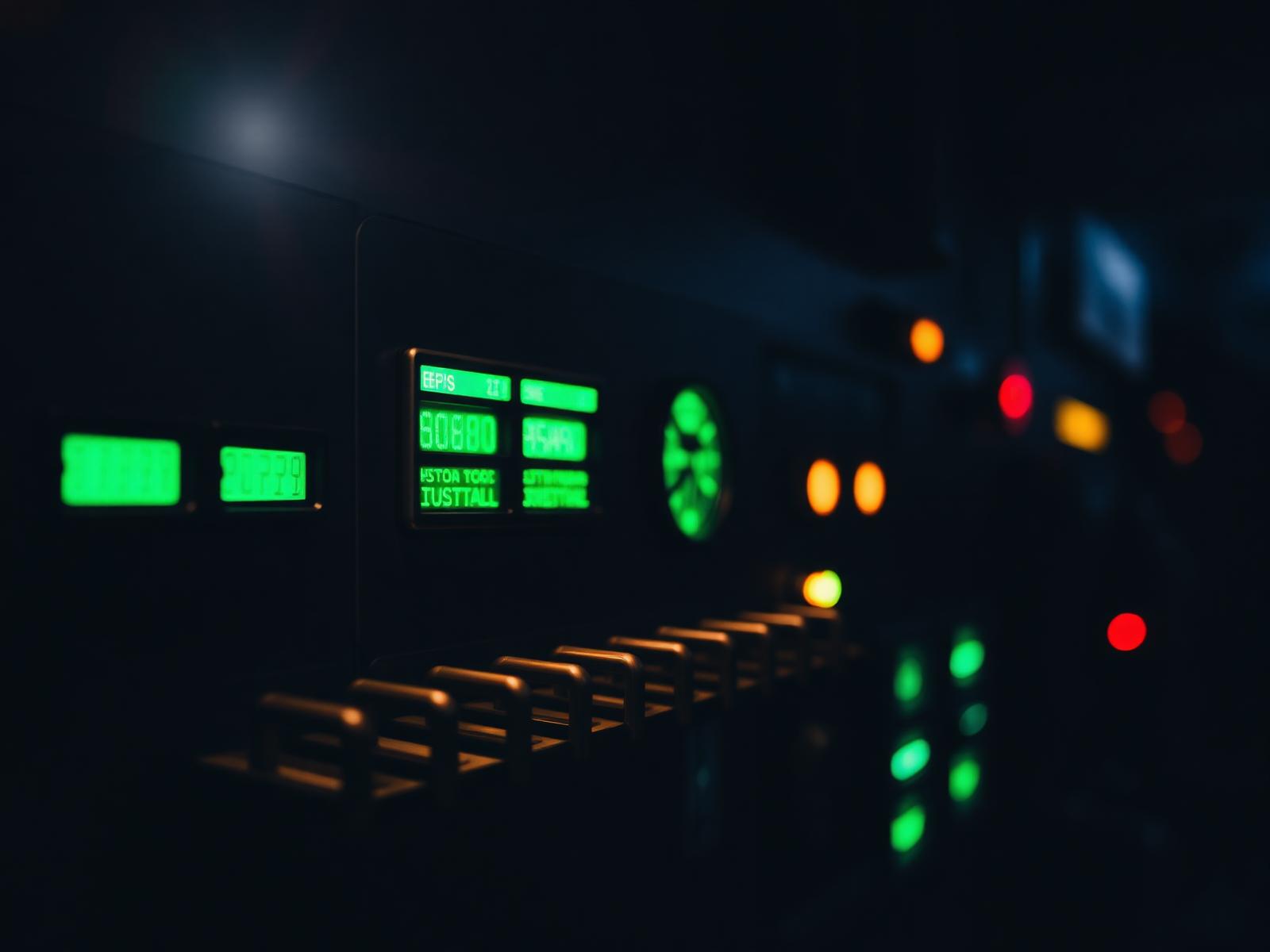 Glowing green LED indicators on a substation control panel at night with copper busbars in soft focus