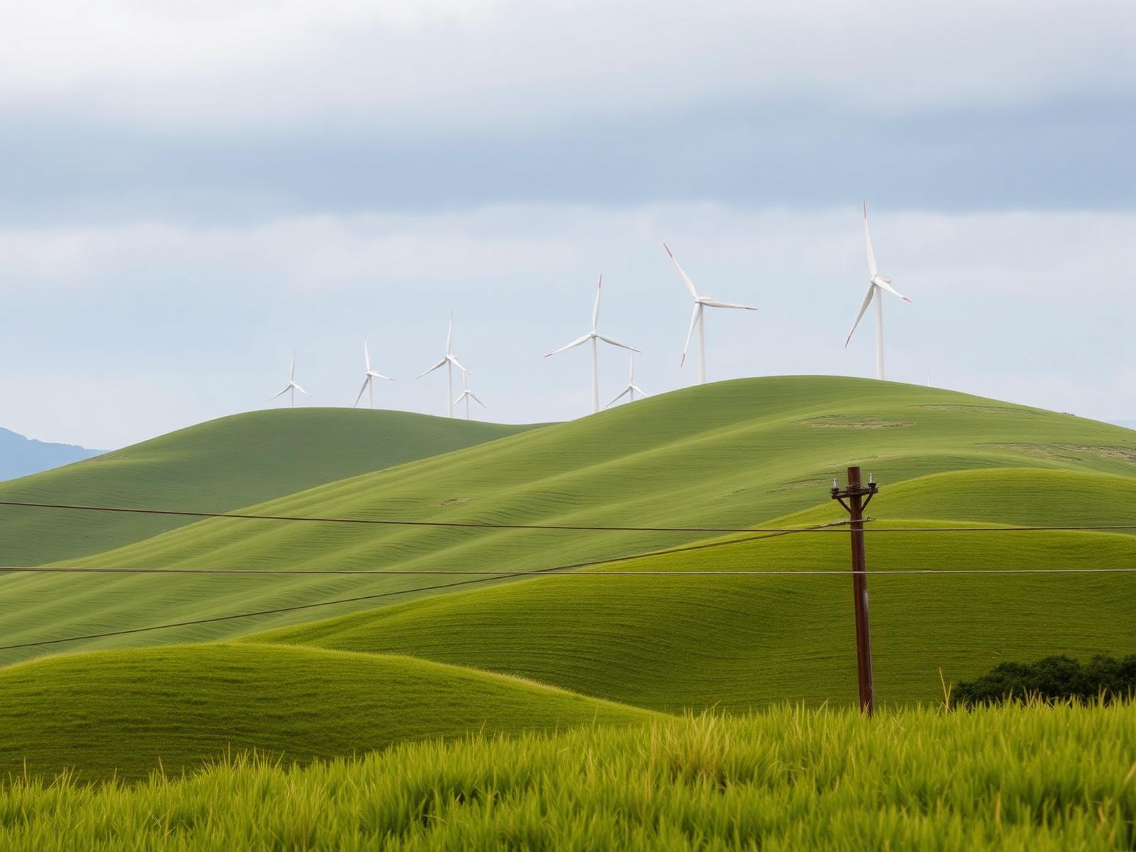 Wind turbines on a green ridge in the Eastern Cape with a low-voltage distribution line crossing rolling farmland